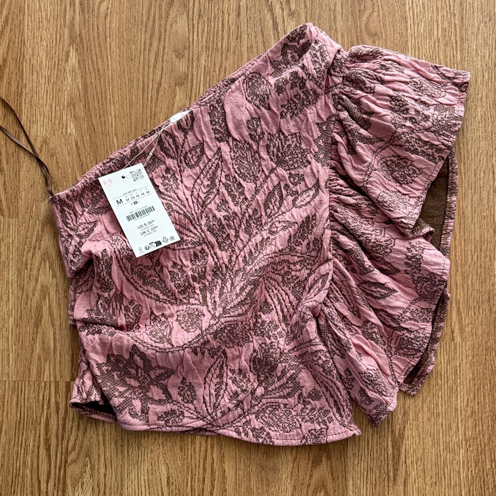 Zara Rose Pink One-Shoulder Ruffle Crop Top